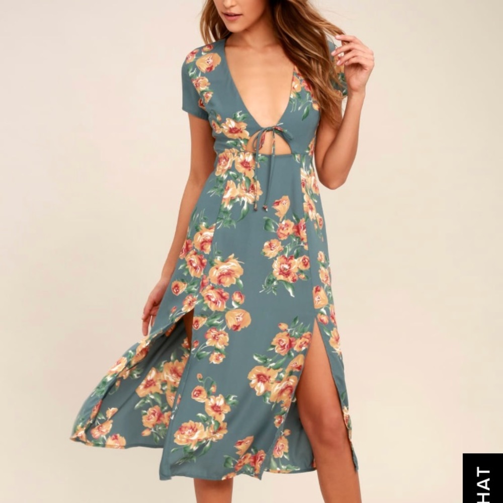 LULUS DUSTY SAGE FLORAL PRINT MIDI DRESS